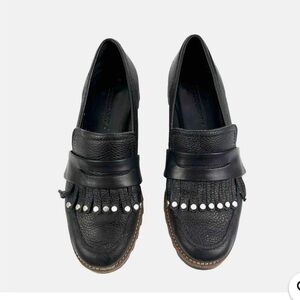Bernardo Loafers 5 Black Leather Kiltie Fringe Studs Silver Shoes Women’s